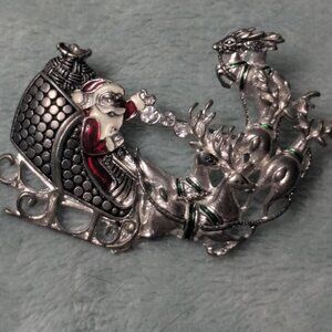 Vintage Santa and Reindeer in their Sleigh Enamel on Metal Brooch